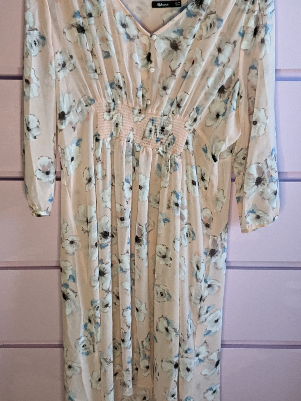 Reitmans Cream Floral Maxi Dress with Blue Accents Semi Shear Front is Shorter